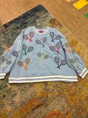 Light Blue Tennis Racket Embroidered Sweatshirt Oversized Preppy